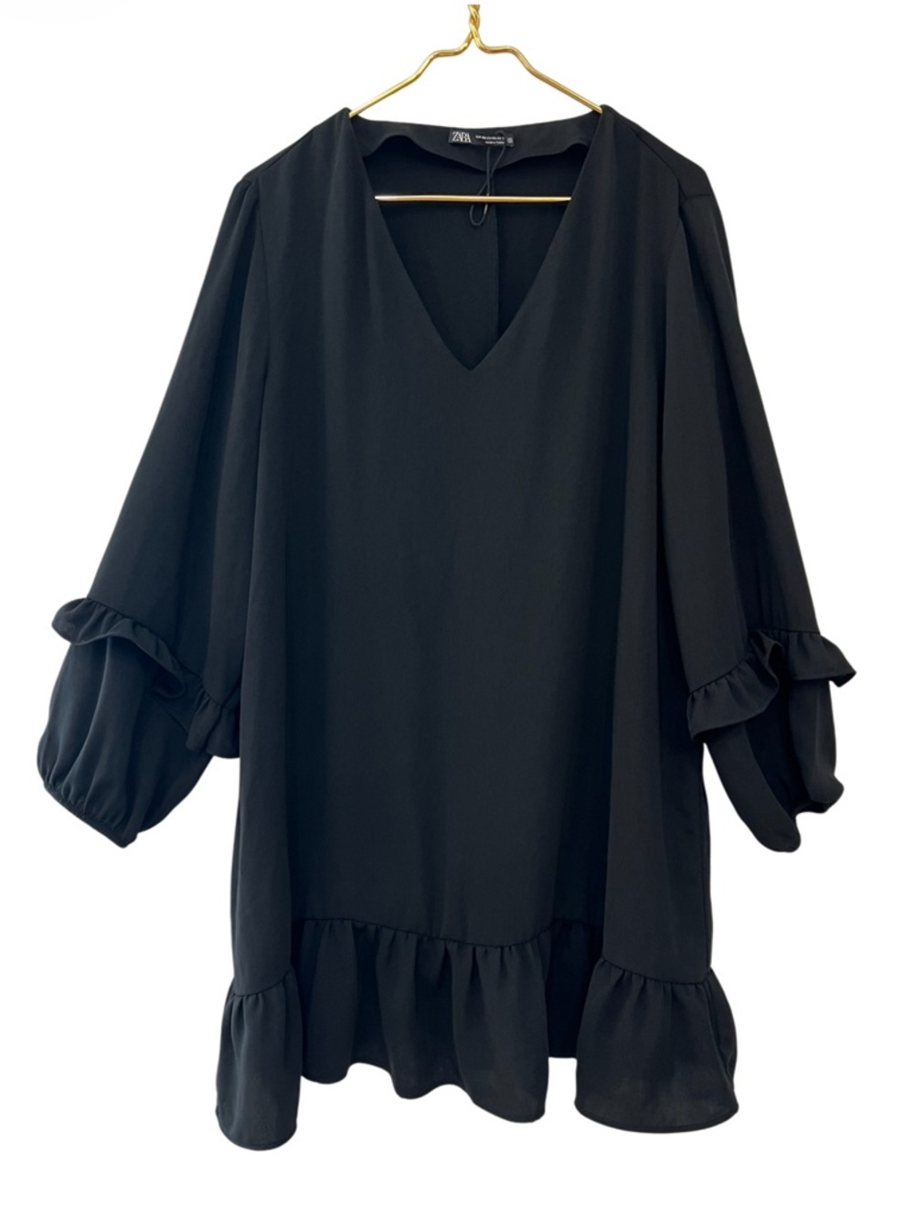 Zara Black Ruffle Sleeve Mini Dress V Neck Long Sleeve XXL - Picture 2 of 7